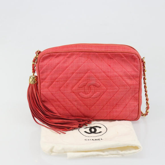 CHANEL Chain Shoulder Bag Canvas Red Gold CC Auth 185838A