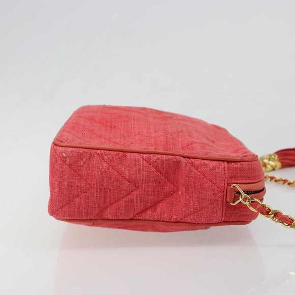 CHANEL Chain Shoulder Bag Canvas Red Gold CC Auth 185838A