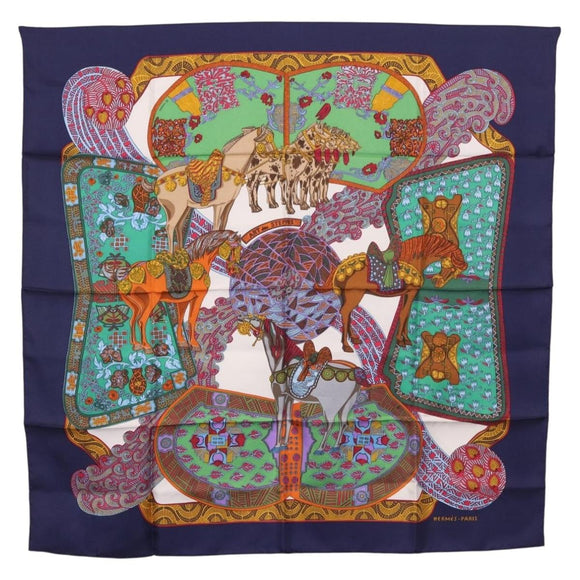 HERMES Carre 90 Scarf ""ART des STEPPES"" Silk Navy Auth 185839