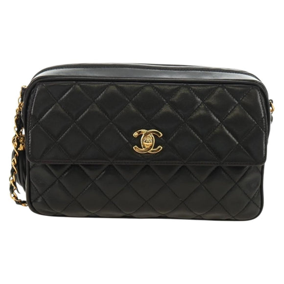 CHANEL Matelasse Chain Shoulder Bag Lamb Skin Gold Black CC Auth 185851SM