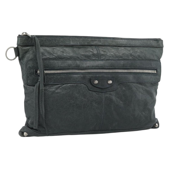 BALENCIAGA Classic Clip Clutch Bag Leather Khaki Silver Auth 185859