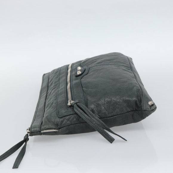 BALENCIAGA Classic Clip Clutch Bag Leather Khaki Silver Auth 185859