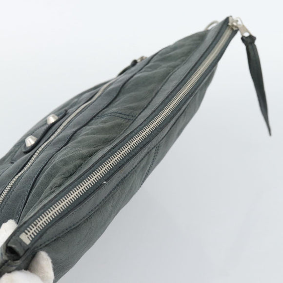BALENCIAGA Classic Clip Clutch Bag Leather Khaki Silver Auth 185859