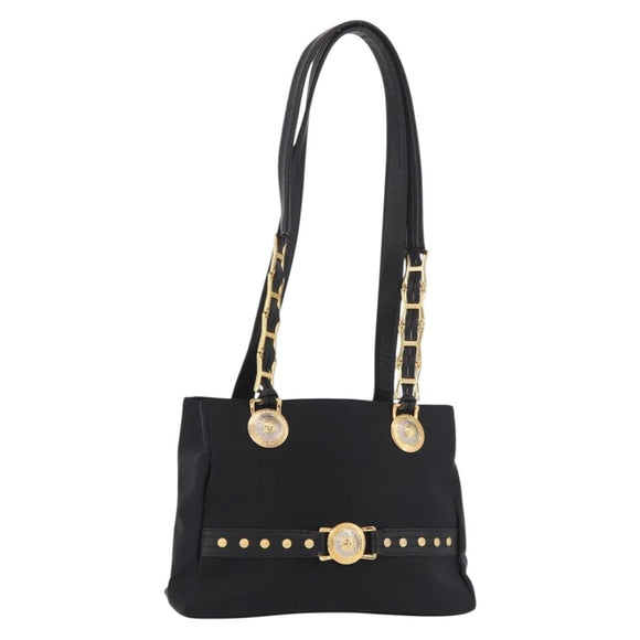 VERSACE Shoulder Bag Nylon Black Gold Auth 185860