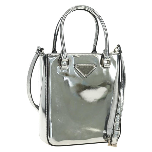 PRADA Hand Bag Patent Leather 2way Silver Auth 185901M
