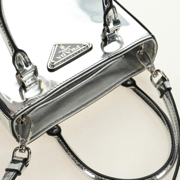 PRADA Hand Bag Patent Leather 2way Silver Auth 185901M