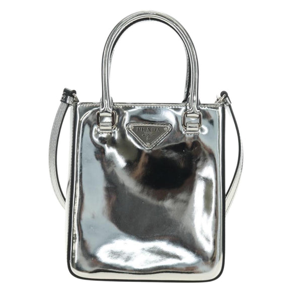 PRADA Hand Bag Patent Leather 2way Silver Auth 185901M