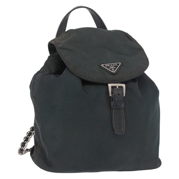 PRADA Chain Shoulder Backpack Nylon Green Silver Auth 185902A