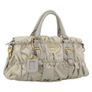 PRADA Gathered Hand Bag Nylon Beige Gold Auth 185921-1