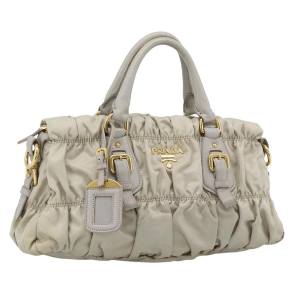 PRADA Gathered Hand Bag Nylon Beige Gold Auth 185921