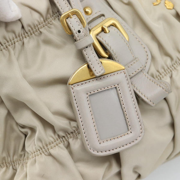 PRADA Gathered Hand Bag Nylon Beige Gold Auth 185921