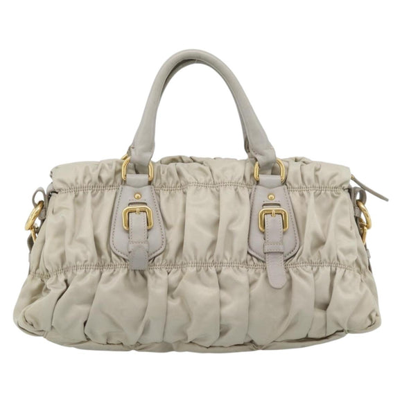 PRADA Gathered Hand Bag Nylon Beige Gold Auth 185921