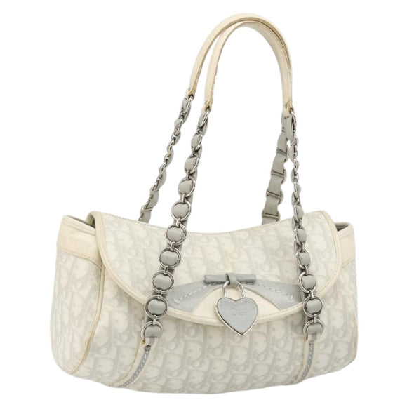 Christian Dior Trotter Canvas Romantic Hand Bag PVC White Silver Auth 185924A