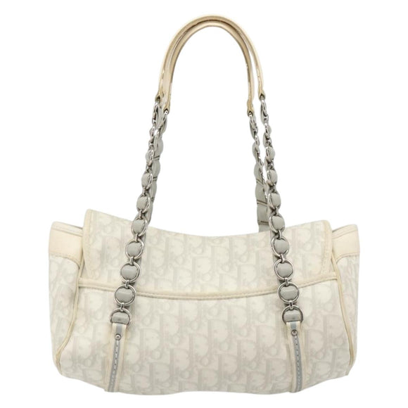 Christian Dior Trotter Canvas Romantic Hand Bag PVC White Silver Auth 185924A