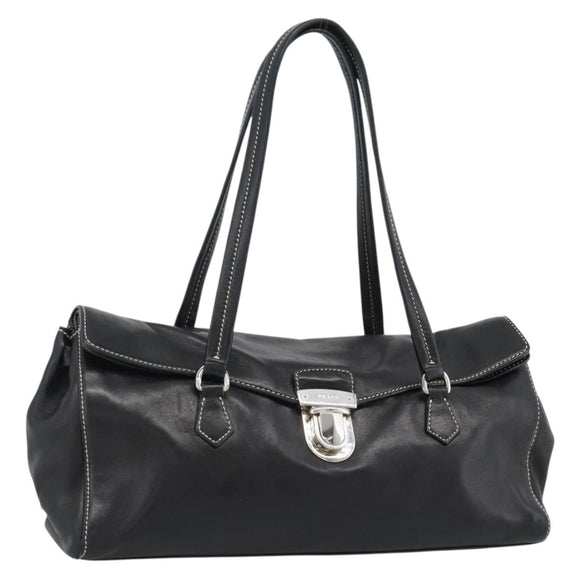PRADA Hand Bag Leather Black Silver Auth 185946SAV