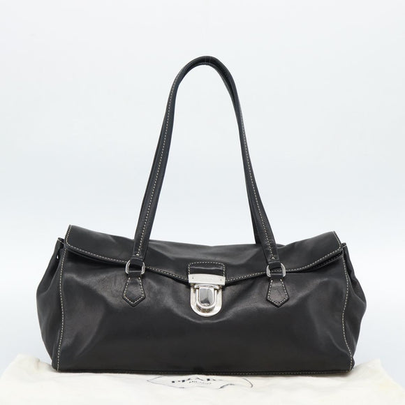 PRADA Hand Bag Leather Black Silver Auth 185946SAV