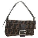 FENDI Zucca Canvas Mamma Baguette Shoulder Bag Black Brown Auth 185961SAM-1