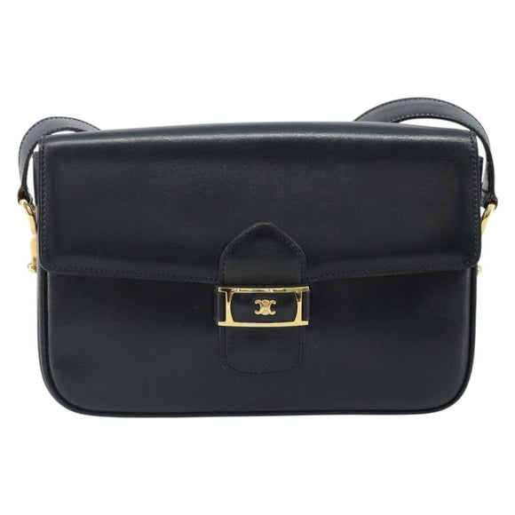 CELINE Shoulder Bag Leather Navy Gold Auth 185966A