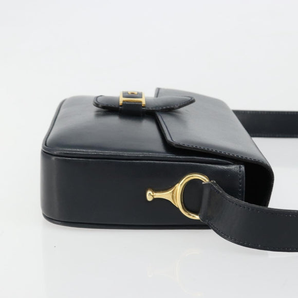 CELINE Shoulder Bag Leather Navy Gold Auth 185966A