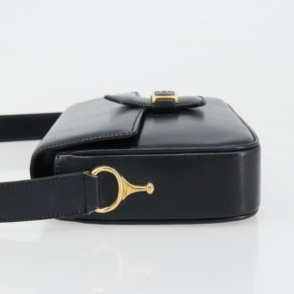 CELINE Shoulder Bag Leather Navy Gold Auth 185966A