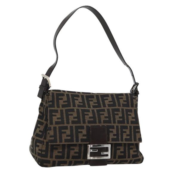 FENDI Zucca Canvas Mamma Baguette Shoulder Bag Black Brown Auth 185971SAM