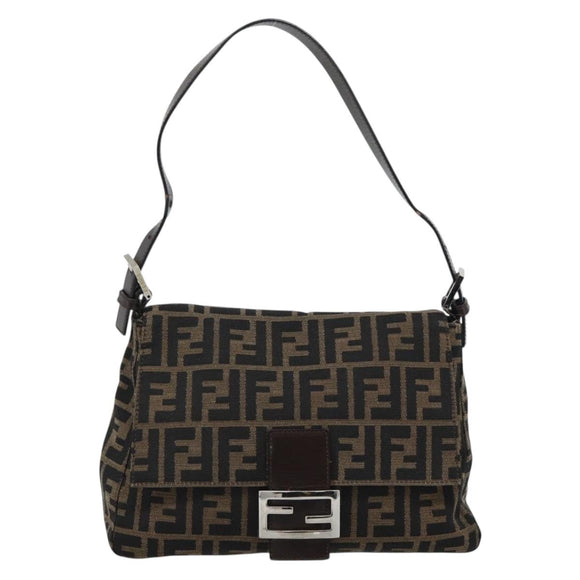 FENDI Zucca Canvas Mamma Baguette Shoulder Bag Black Brown Auth 185971SAM