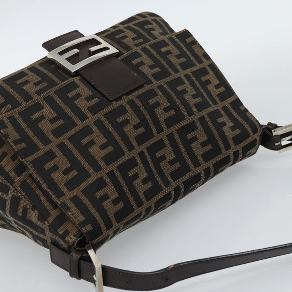 FENDI Zucca Canvas Mamma Baguette Shoulder Bag Black Brown Auth 185971SAM