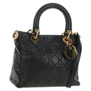 Christian Dior Lady Dior Canage Bag Lamb Skin 2way Black Gold Auth 185972SAM-1