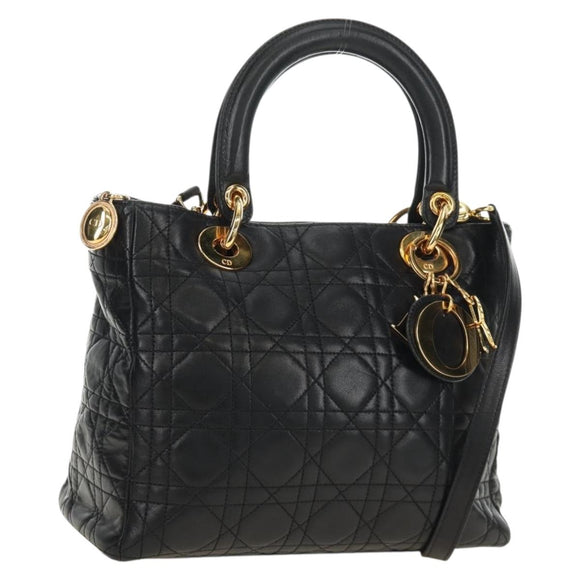 Christian Dior Lady Dior Canage Bag Lamb Skin 2way Black Gold Auth 185972SAM