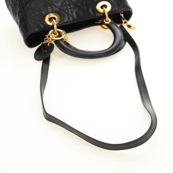 Christian Dior Lady Dior Canage Bag Lamb Skin 2way Black Gold Auth 185972SAM