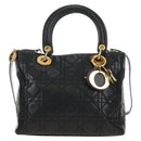 Christian Dior Lady Dior Canage Bag Lamb Skin 2way Black Gold Auth 185972SAM-12