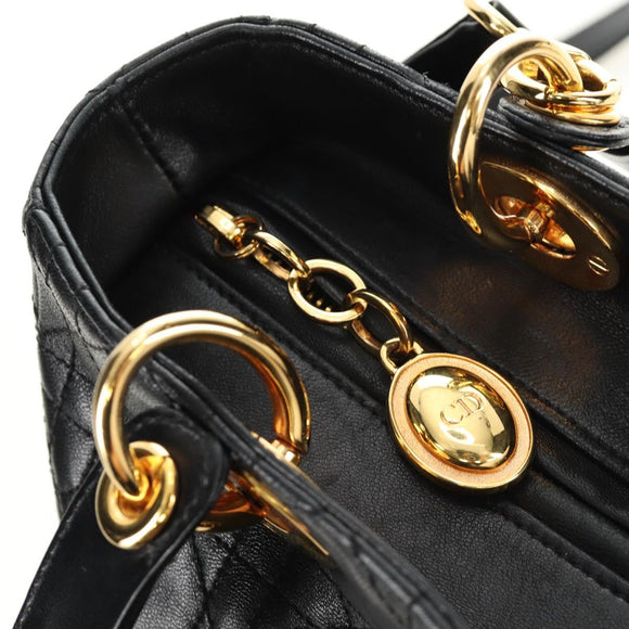 Christian Dior Lady Dior Canage Bag Lamb Skin 2way Black Gold Auth 185972SAM