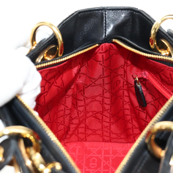 Christian Dior Lady Dior Canage Bag Lamb Skin 2way Black Gold Auth 185972SAM