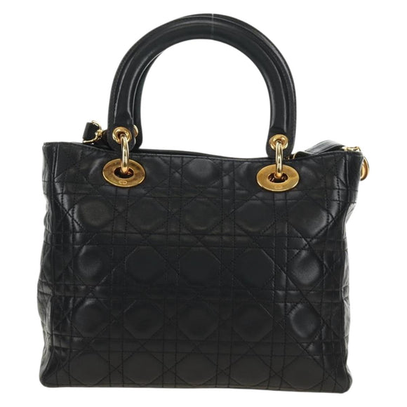 Christian Dior Lady Dior Canage Bag Lamb Skin 2way Black Gold Auth 185972SAM