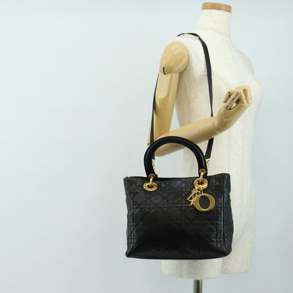 Christian Dior Lady Dior Canage Bag Lamb Skin 2way Black Gold Auth 185972SAM