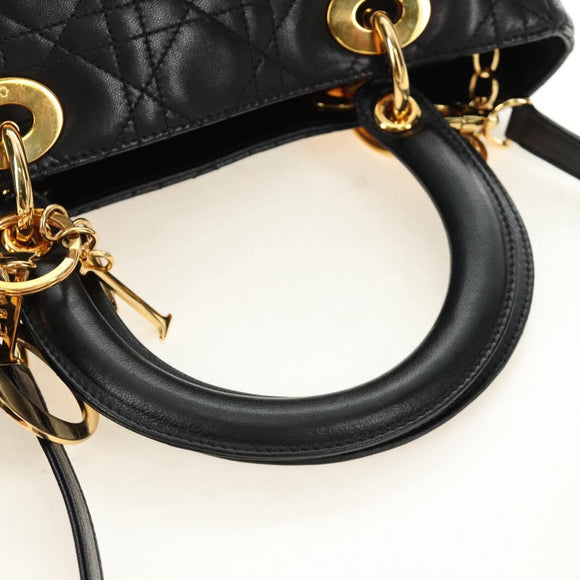 Christian Dior Lady Dior Canage Bag Lamb Skin 2way Black Gold Auth 185972SAM