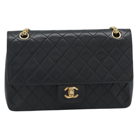 CHANEL Matelasse 25 Chain Shoulder Bag Lamb Skin Black Gold CC Auth 185980SAM