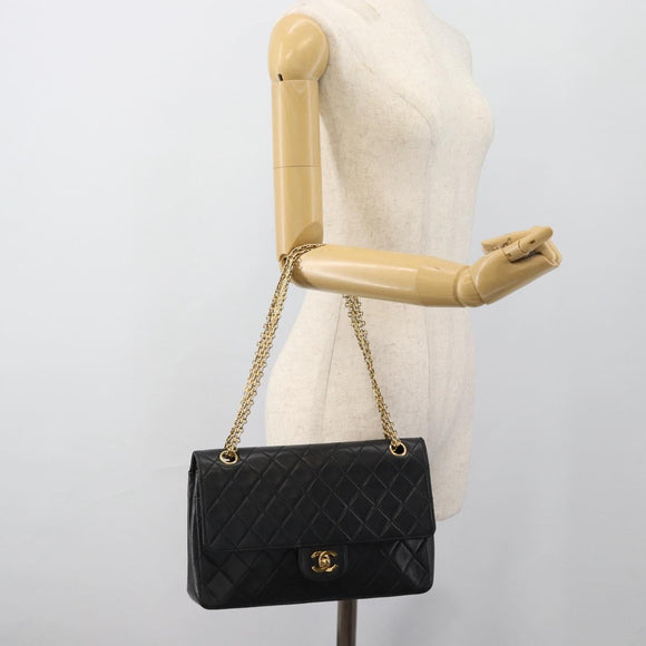 CHANEL Matelasse 25 Chain Shoulder Bag Lamb Skin Black Gold CC Auth 185980SAM
