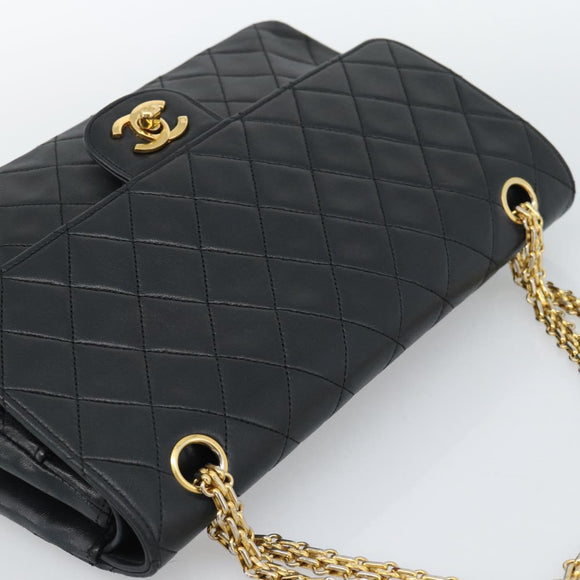 CHANEL Matelasse 25 Chain Shoulder Bag Lamb Skin Black Gold CC Auth 185980SAM