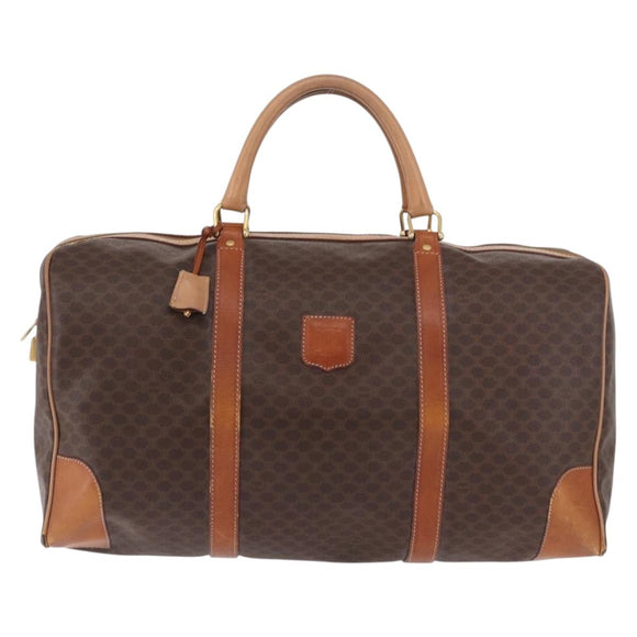 CELINE Macadam Canvas Boston Bag PVC Leather Brown Gold Auth 185993