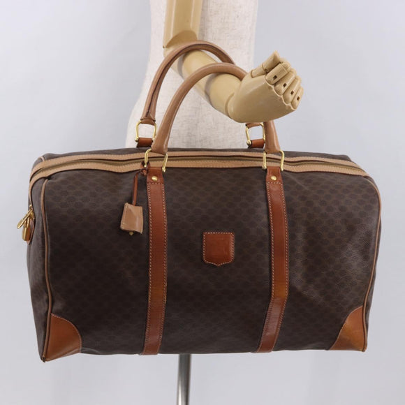 CELINE Macadam Canvas Boston Bag PVC Leather Brown Gold Auth 185993