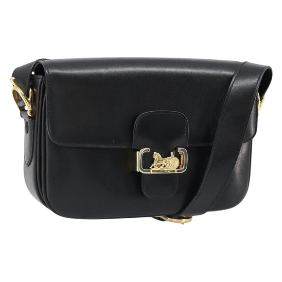 CELINE Horse Carriage Shoulder Bag Leather Gold Black Auth 185997A