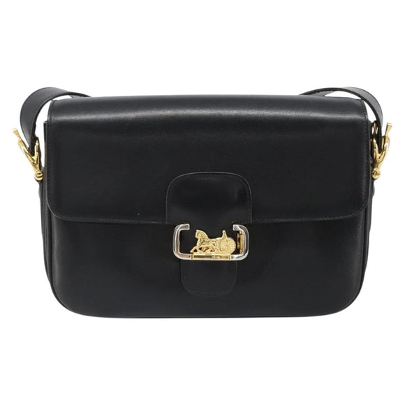 CELINE Horse Carriage Shoulder Bag Leather Gold Black Auth 185997A