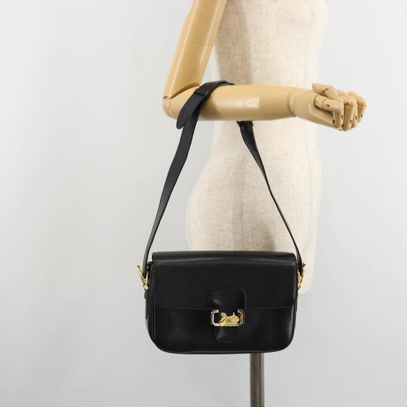 CELINE Horse Carriage Shoulder Bag Leather Gold Black Auth 185997A