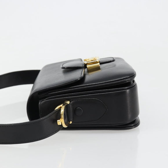 CELINE Horse Carriage Shoulder Bag Leather Gold Black Auth 185997A