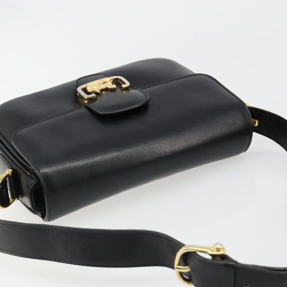 CELINE Horse Carriage Shoulder Bag Leather Gold Black Auth 185997A