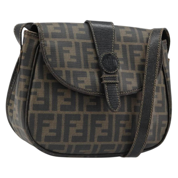 FENDI Zucca Canvas Shoulder Bag PVC Black Brown Auth 186000