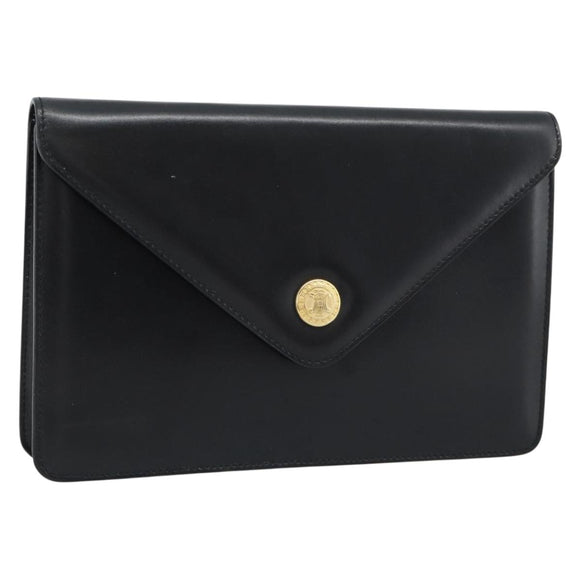 CELINE Clutch Bag Leather Black Gold Auth 186006A