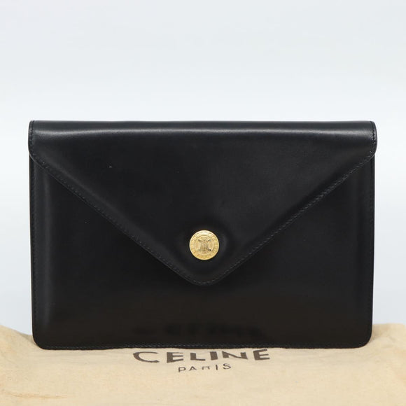 CELINE Clutch Bag Leather Black Gold Auth 186006A
