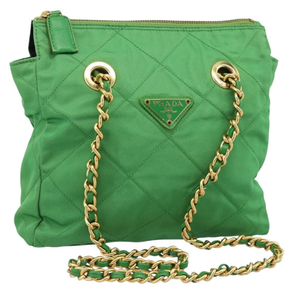 PRADA Chain Shoulder Bag Nylon Green Gold Auth 186013A